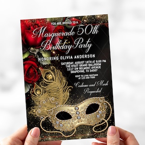 Red and Gold Masquerade Birthday Party Invitation (Digital Download)