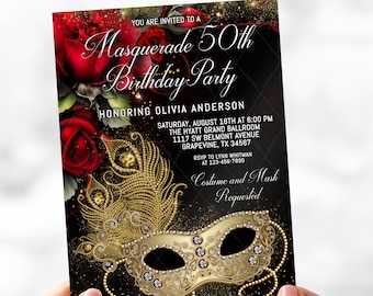 Red Black Gold Masquerade Party, Woman Masquerade Birthday Party Invitation, Masquerade Birthday Party, Masquerade Prom Invitation, MS14