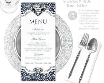 Denim and Diamonds Menu: Printable Birthday Party (4x9 inch Digital Download)