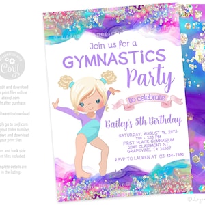 Gymnastik-Geburtstags-Einladung,Mädchen-Gymnastik-Geburtstags-Einladung,Mädchen-Gymnastik-Einladungen,Mädchen-Sport-Geburtstags-Party Einladungen,G8