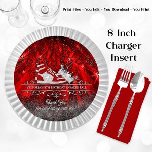 Red Silver Sneaker Ball Charger Insert: Personalized Party Decor (Digital)