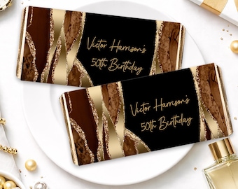 Black Gold Agate Candy Bar Wrapper Mens Birthday Party Favor Editable Chocolate Wrapper Corjl