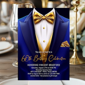 Mens Royal Blue Gold Birthday Party,Tuxedo Black Tie Event,Tuxedo Invitations,Corporate Party,Mens Birthday Invitations,Black Tie Party, X4
