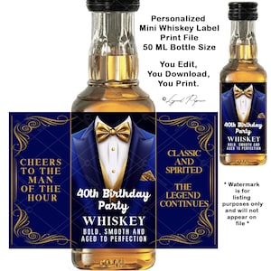 May include: A blue and gold personalized whiskey label with the text "40th Birthday Party" and "Whiskey Bold, Smooth and Aged to Perfection". The label features a tuxedo with a bow tie and the text "Cheers to the Man of the Hour" and "Classic and Spirited The Legend Continues".