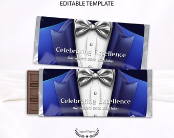 Tuxedo Candy Bar Wrapper Blue Silver Birthday Favor Editable Corjl Template Chocolate Bar