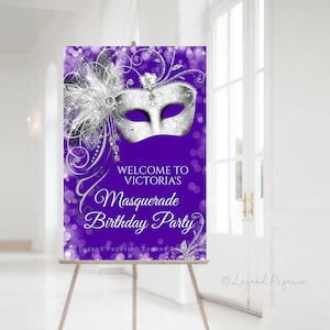 Purple Masquerade Party Welcome Sign: Silver Mask (Digital Download)