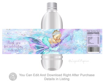 Mermaid Baby Shower Water Bottle Labels: Purple Teal (Digital File)