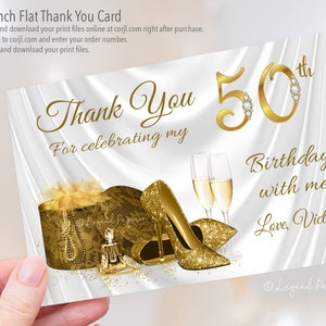 Tarjetas de agradecimiento de cumpleaños para mujer en oro blanco, cualquier número, zapatos de tacón alto dorados, tarjetas de agradecimiento en oro blanco, cualquier edad, WB6