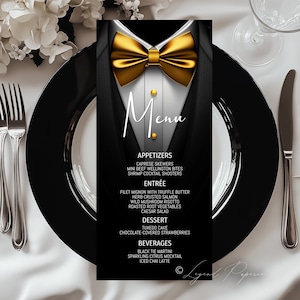 Goldene Fliege Smoking Menü Vorlage - Elegante schwarze Krawatte Ereignis-Menü Druckbare Design - Sofort Download, Männer-Geburtstag, Black-Tie Party, X3