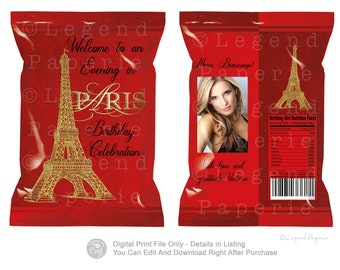 Envoltorio para bolsa de patatas fritas de cumpleaños de París: Recuerdo de fiesta con la Torre Eiffel (Descarga digital)