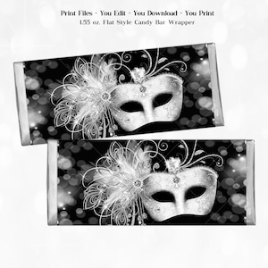 Masquerade Party Candy Bar Wrapper, Black Silver Masquerade Party, Black Gold Masquerade Birthday Party, Masquerade Prom, Masquerade, MS7