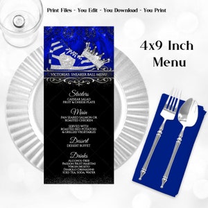 Royal Blue Sneaker Ball Menu: Silver Glitter (4x9 inch PDF, JPG)