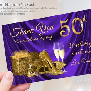 Tarjetas de agradecimiento de cumpleaños para mujer en morado y dorado, cualquier número, tarjetas de agradecimiento para mujer, zapatos de tacón alto dorados, tarjetas de agradecimiento en morado y dorado, morado, WB2