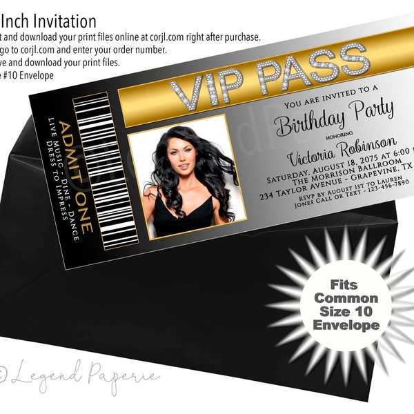 Black Gold Photo Ticket Birthday Party Invitation,Womans Black Gold Birthday Party Invitations,Womans Photo Birthday Party Invitations,VIP