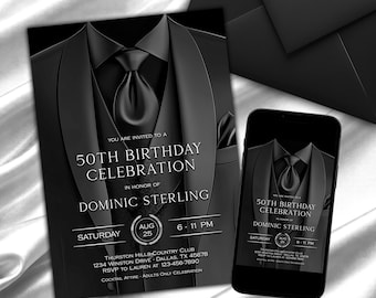 Black Silver Tuxedo Birthday Invitation Any Age Elegant Formal Party Editable Template TUXBG-09