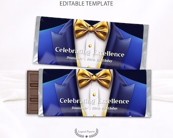 Tuxedo Candy Bar Wrapper Blue Gold Birthday Favor Editable Corjl Template Chocolate Bar