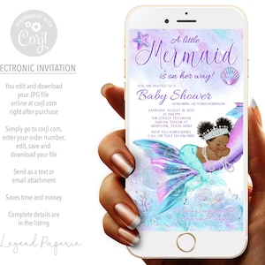 Afro Mermaid Baby Shower Invitations,Digital Mermaid Baby Shower Invitations,Electronic Mermaid Baby Shower Invitation,Mermaid Evites,TMT1