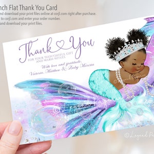 Biglietti di ringraziamento per baby shower a forma di sirena, biglietti di ringraziamento per sirena afro, download immediato di biglietti di ringraziamento per baby shower a forma di sirena, biglietto a forma di sirena afro, TMT1
