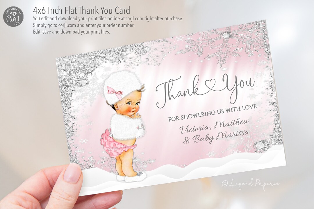 Winter Wonderland Baby Shower Thank You Cards, Pink Snowflake (digital ...