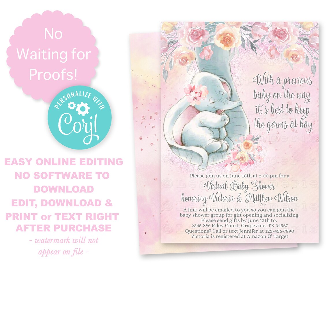 Girl Facebook Baby Shower Invitationgirl Elephant Baby Shower Etsy
