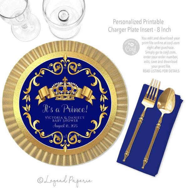 Prince Baby Shower Charger Insert,Prince Baby Shower Charger Plate Insert,Royal Blue Gold Prince,Royal Blue Gold Prince Baby Shower,CB1
