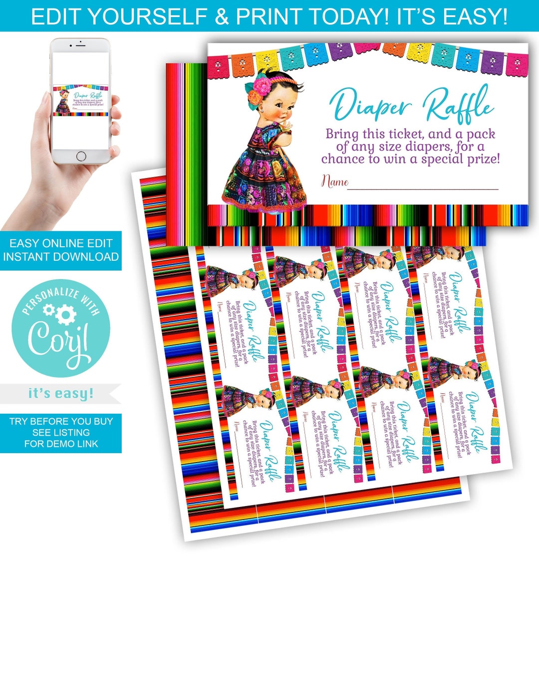 Fiesta Diaper Raffle Tickets: Ethnic Girl Baby Shower (digital Download ...