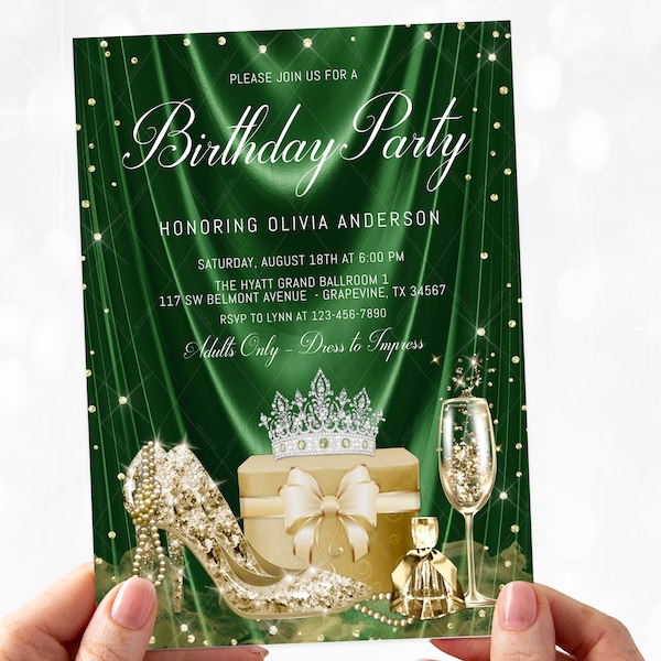 Womans Emerald Gold Birthday Invitation, Woman Gold Shoe Invitation,Emerald Green Gold, Womans Emerald Green Gold Birthday Invitation, BN18