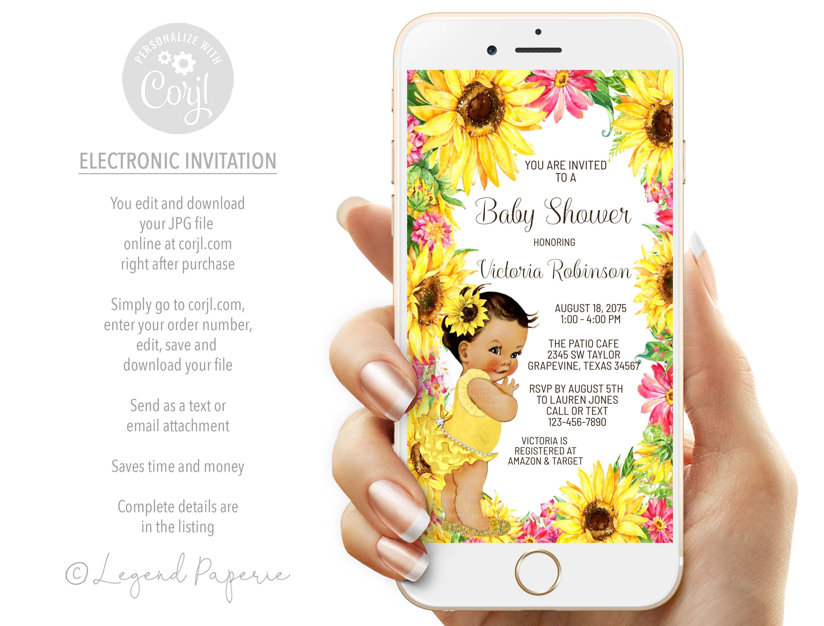 Girl Sunflower Baby Shower InvitationsElectronic Baby Shower InvitationsText Baby Shower InvitationSunflower Baby Shower