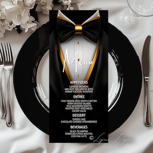 Menusjabloon zwart-gouden smoking – elk evenement – menubestand – verjaardagsmenu heren, Black-Tie-feestmenu, zwartgouden smoking, verjaardag smoking, X8