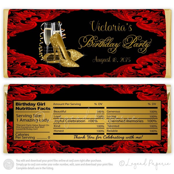 Womans Red Black Gold Birthday Party Candy Bar Wrapper,Gold High Heels,Red Black Gold,Any Number,Womans Birthday Party Candy Bar Wrapper,GS7