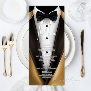 Menú para fiesta de cumpleaños con esmoquin, menú imprimible con esmoquin negro y dorado, menú formal, menú de cumpleaños para hombres, cumpleaños con esmoquin, menú para fiesta de etiqueta, x15