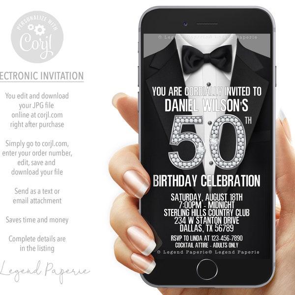 Mans Tuxedo Birthday Invitations,Mens Tuxedo Birthday Invitations,Mans 50th Birthday,Mans Birthday Evites,Mans Electronic Birthday,Tux,TX1