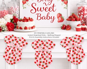 Strawberry Onesie Garland, Berry Sweet Baby Shower Banner (Digital Download) STRBY-01