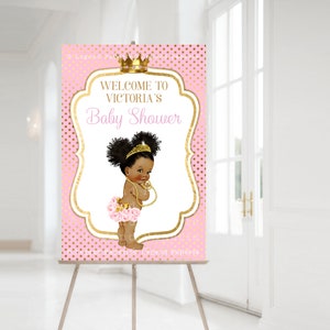 Afro Princess Baby Shower Welcome Sign: Pink & Gold (24x36 inch) image 1