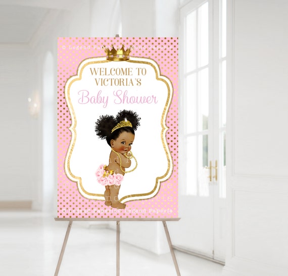 Afro Princess Baby Shower Welcome Sign: Pink & Gold (24x36 inch)