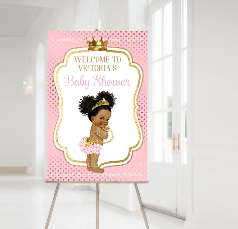 Afro Princess Baby Shower Welcome Sign: Pink & Gold (24x36 inch) image 1
