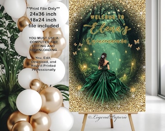 Enchanted Forest Quinceañera Welcome Sign Green Gold – Download Editable 24x36 18x24, QUIN-O1