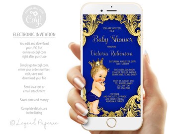 Uitnodiging babyshower prins: koningsblauw en goud (digitaal)