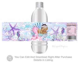 Mermaid Baby Shower Water Bottle Labels: Pink Purple Under the Sea (Digital File)