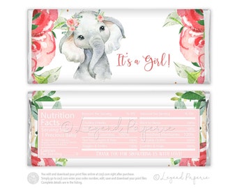 Girl Elephant Baby Shower Candy Bar Wrapper (Digital File)