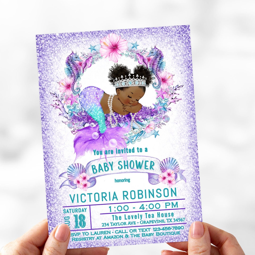 Mermaid Baby Shower Invitation, Afro Mermaid, Under the Sea Baby Shower
