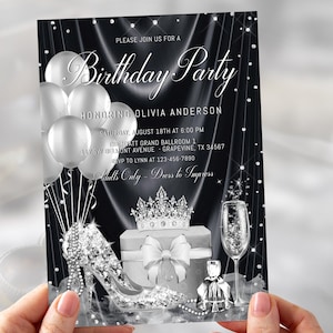 Invitación elegante de cumpleaños para mujer en negro y plata, Invitación de cumpleaños para mujer en negro y plata, Invitación de cumpleaños para mujer en negro y plata, BG2