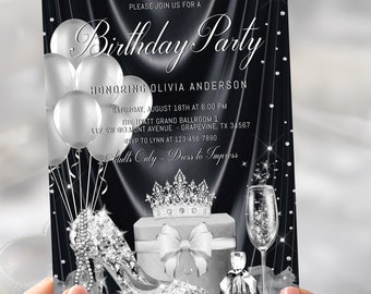 Womans Elegant Black Silver Birthday Invitation, Womans Black Silver Birthday Invitation, Womans Black Silver Birthday Invitation, BG2