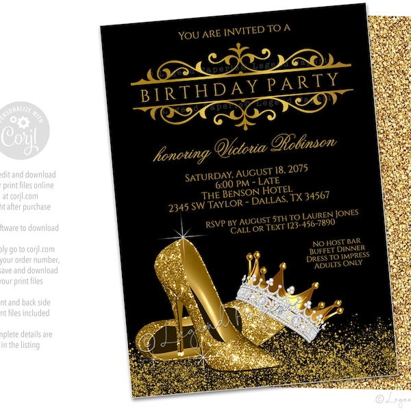 Womans Black Gold Birthday Invitation,Womans Black Gold Invitations,Black Gold Quinceanera Invitations,Princess Quinceanera,Gold Shoe,CG3