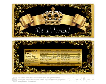 Prince Baby Shower Candy Bar Wrapper: Black & Gold Crown (Digital File)