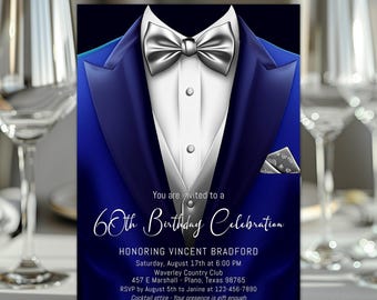 Royal Blue Tuxedo Invitation, Silver Bow Tie, Prom Sendoff, Mens Elegant Birthday Party