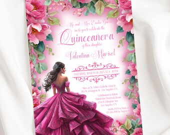 Hot Pink Quinceañera Invitation Template Editable Floral Sweet 15 Invite