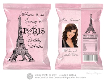 Envoltorio para bolsa de patatas fritas de cumpleaños de París: Recuerdo de fiesta con la Torre Eiffel (Descarga digital)