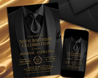 Black Gold Tuxedo Birthday Invitation Any Age Elegant Formal Party Editable Template TUXBG-10