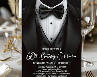 Black Tie Tuxedo Invitation, Birthday, Prom Sendoff (5x7 inches, Editable Template) TUXBG-07